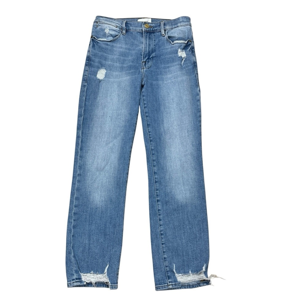 Frame Le High Straight Jeans‎ 27 Blue Laskey Rips LHST793 Distressed Stretch